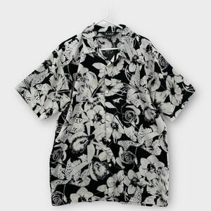 Vintage Zam Collection Hawaiian Shirt Mens Medium Black White Floral Aloha Camp